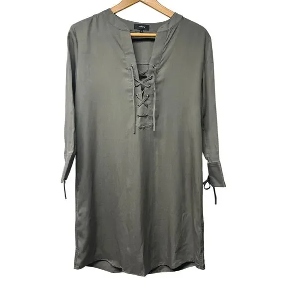 Theory Jullitah R2 Tencel Olive Green Lace Up Shirt Dress 3/4 Sleeves Size 4 - Picture 1 of 4